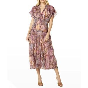 Misa Ilya Split-Neck Tiered Midi Dress Size M